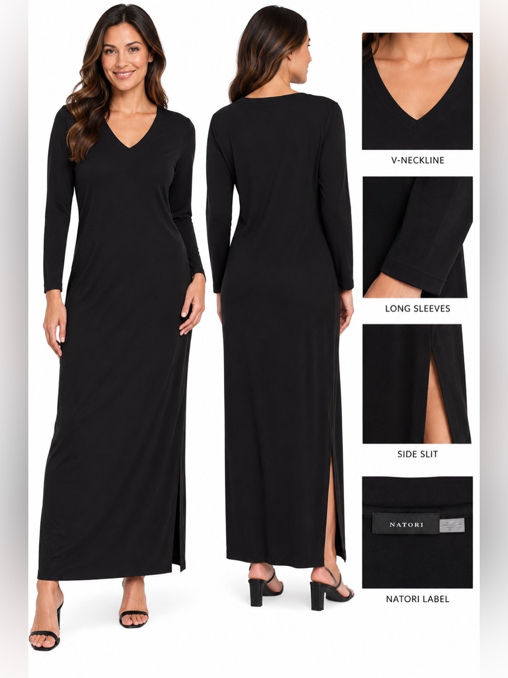 Natori Black Long Sleeve COZY V-Neck Maxi Lounge Dress Size S